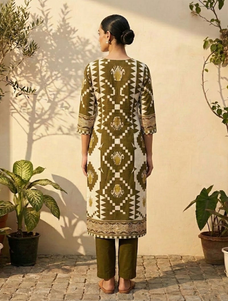 trueBrowns Olive Green Printed Kurta Pant Dupatta Set - Image 2